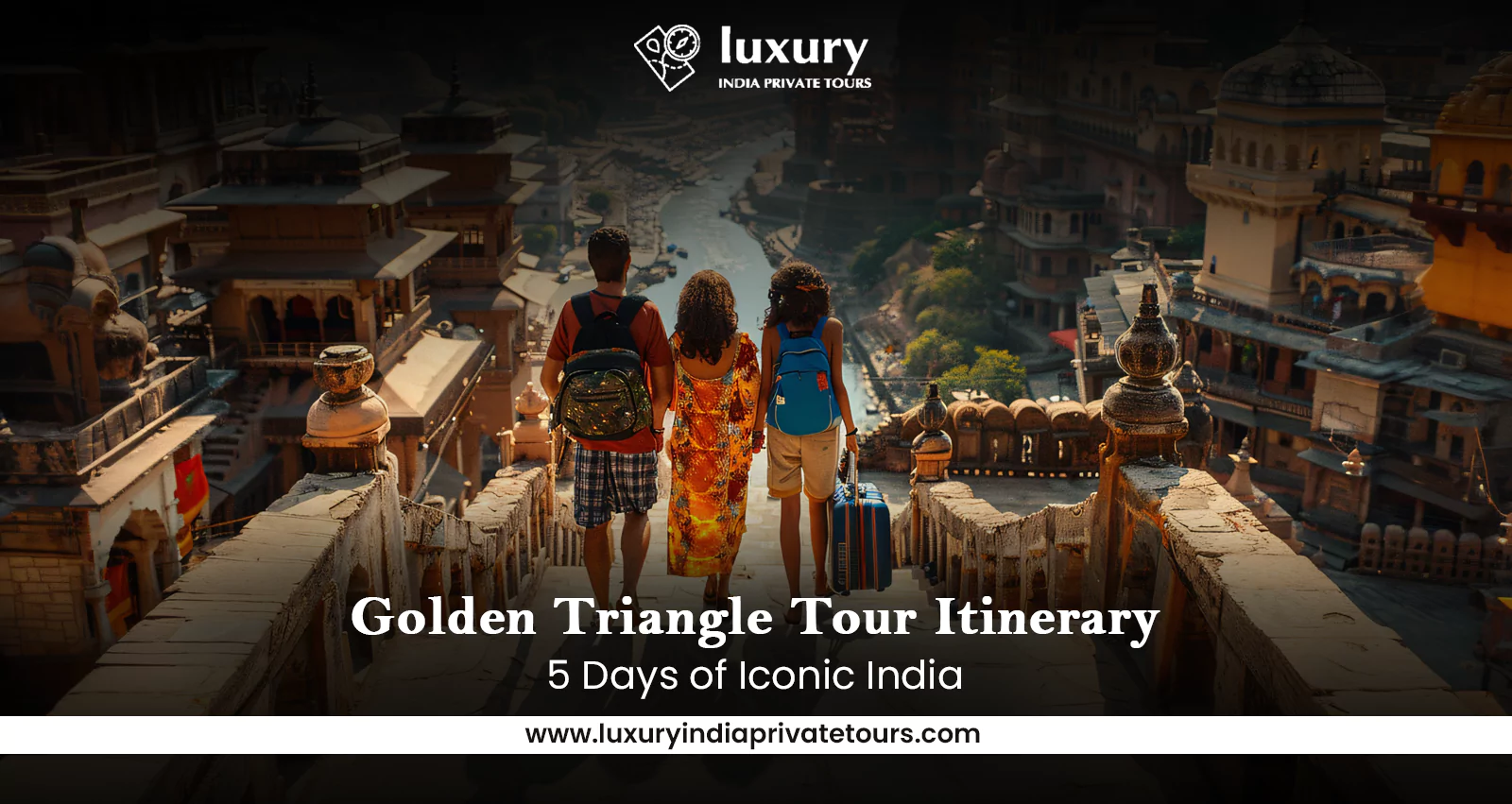 Tourists on steps overlooking historic Indian city, Golden Triangle Tour
