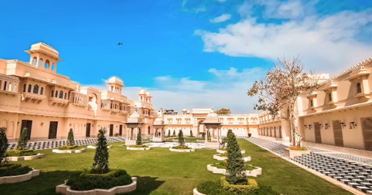 Courtyard view of a luxury Oberoi heritage hotel with traditional architecture