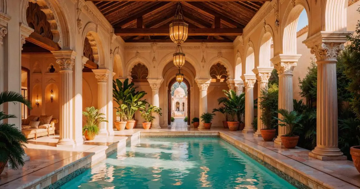 Luxurious Jaipur resort pool with arches, columns, lanterns, and plants for a royal getaway 