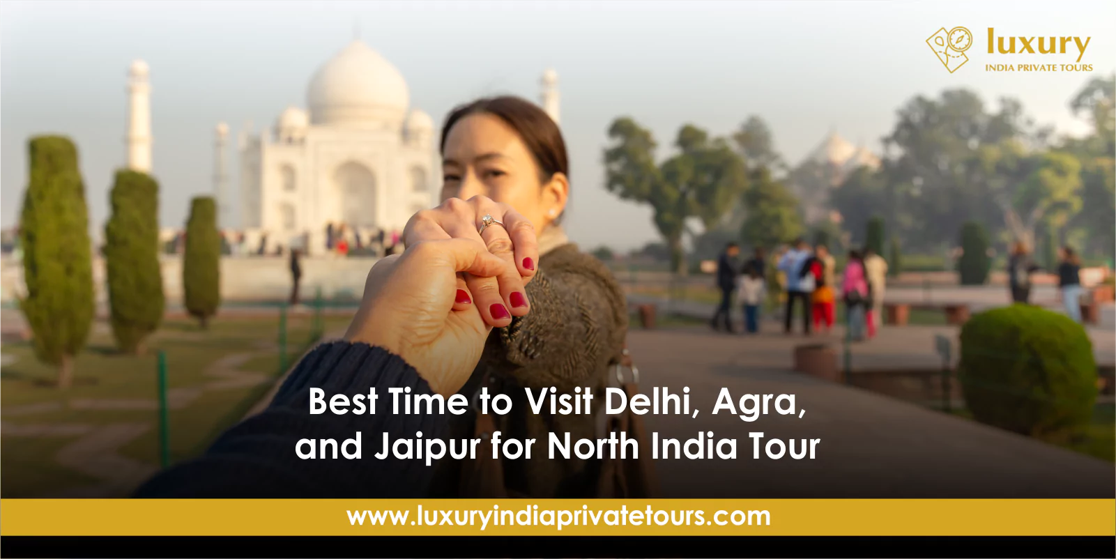 Tourist holding hands at Taj Mahal during Delhi Agra Jaipur North India tour