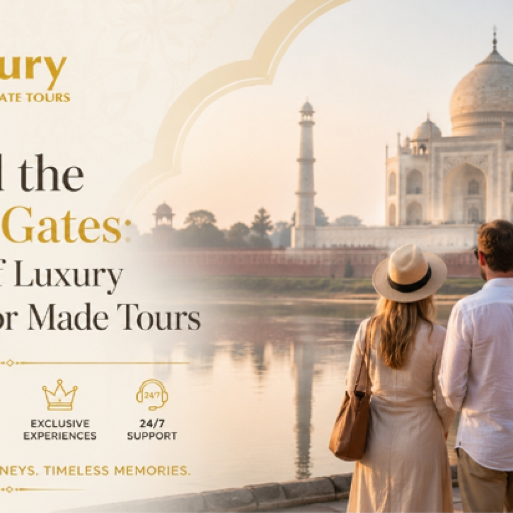 Current image: Couple admiring the iconic Taj Mahal at sunrise
