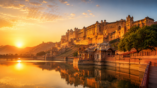 Amber Fort, Jaipur, at sunrise with imperial Rajasthan architecture.