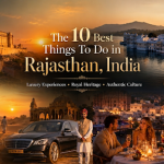 Luxury travelers exploring Rajasthan India including Jaipur forts, Udaipur palaces, camel safari and authentic cultural experiences.