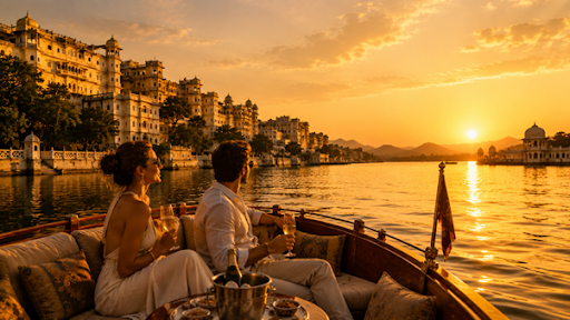 Luxury sunset boat ride on Lake Pichola in Udaipur, Rajasthan.