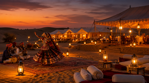 Luxury desert camp in Jaisalmer, Rajasthan, with traditional cultural experience.