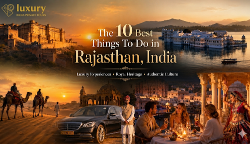 Luxury travelers exploring Rajasthan India including Jaipur forts, Udaipur palaces, camel safari and authentic cultural experiences.
