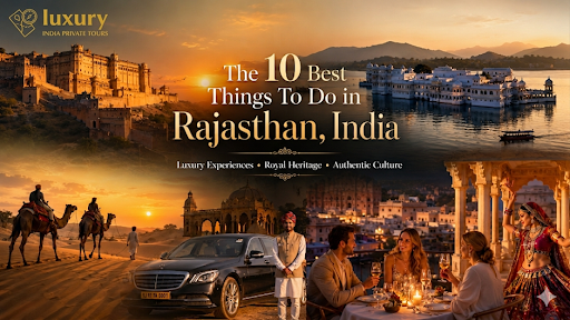 Luxury travelers exploring Rajasthan India including Jaipur forts, Udaipur palaces, camel safari and authentic cultural experiences.